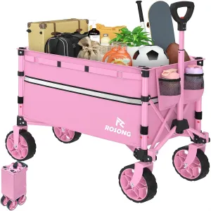 Collapsible Wagon Cart with Wheels Foldable - Folding Utility Heavy Duty Wagons Carts for Grocery Sports Garden Shopping Camping Pink