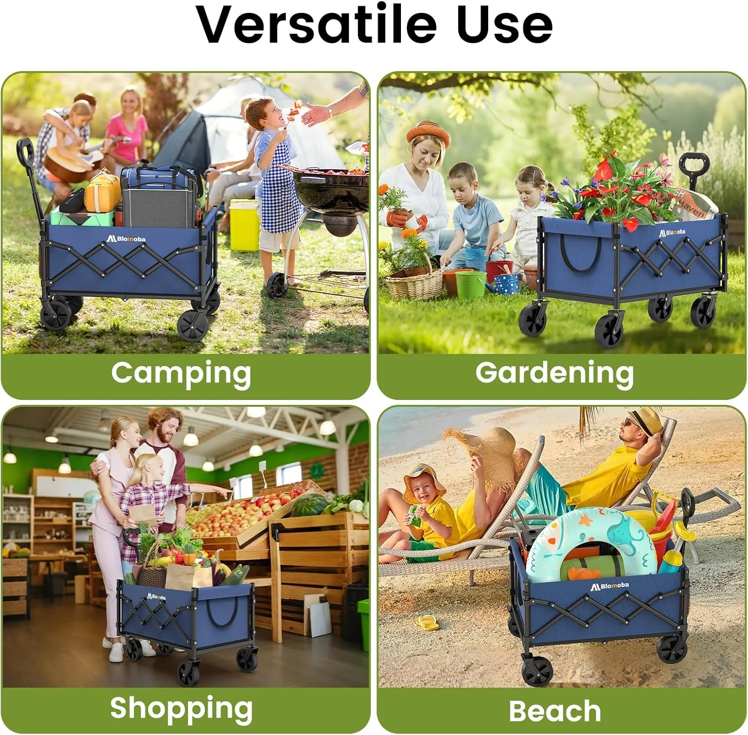 Collapsible Wagon with Wheels, 220 lbs Wagons Carts Foldable Wagon Cart with Flexible Handle, Lightweight Portable Folding Utility Grocery Shopping Cart for Grocery Sports Garden Camping, Blue