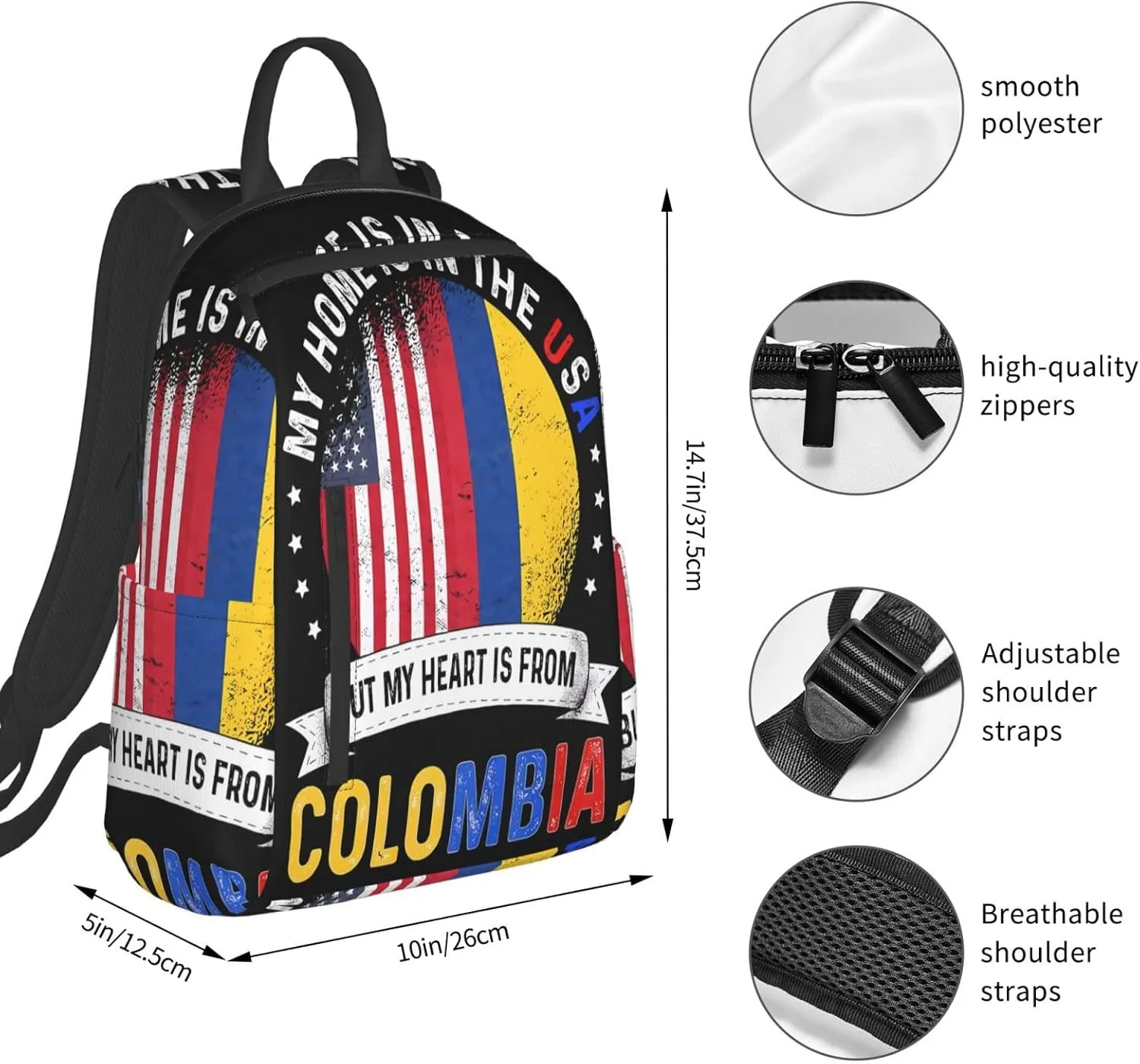 Colombian American Patriot Heart is From Colombia Flag Casual Backpacks Large Capacity Laptop Backpack Sports Fitness Rucksack Travel Carry-On Daypack Work Bag for Outdoor Camping