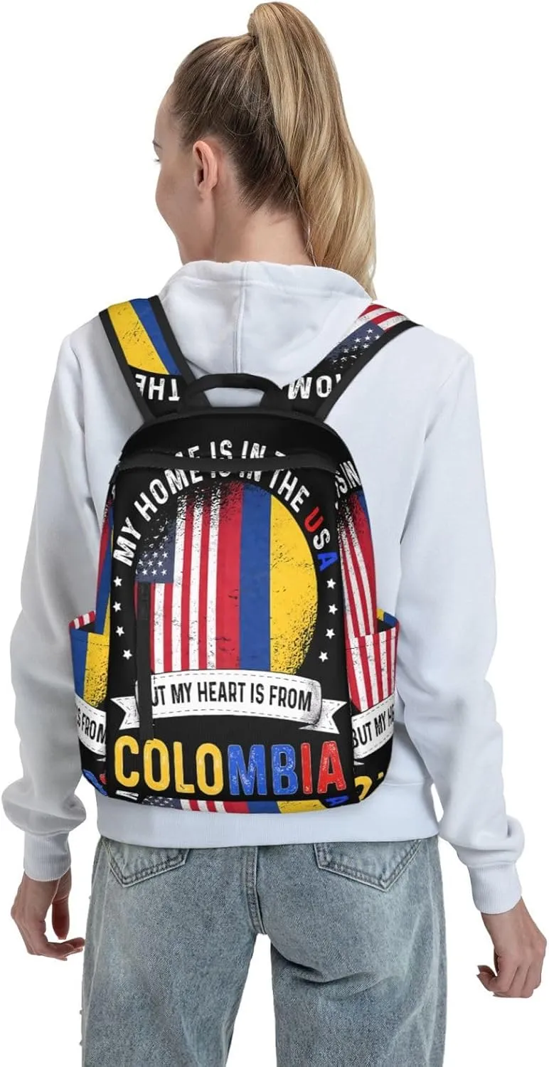 Colombian American Patriot Heart is From Colombia Flag Casual Backpacks Large Capacity Laptop Backpack Sports Fitness Rucksack Travel Carry-On Daypack Work Bag for Outdoor Camping