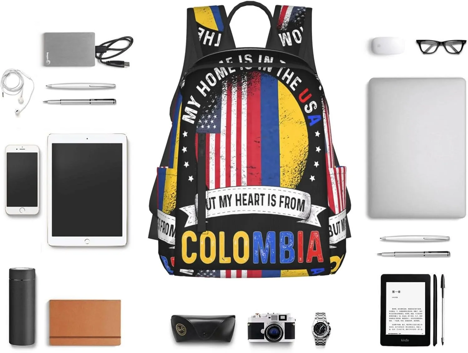 Colombian American Patriot Heart is From Colombia Flag Casual Backpacks Large Capacity Laptop Backpack Sports Fitness Rucksack Travel Carry-On Daypack Work Bag for Outdoor Camping