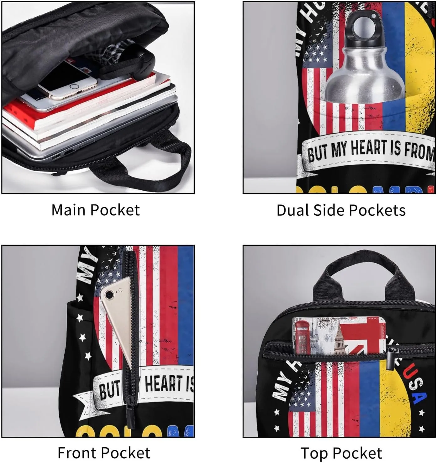 Colombian American Patriot Heart is From Colombia Flag Casual Backpacks Large Capacity Laptop Backpack Sports Fitness Rucksack Travel Carry-On Daypack Work Bag for Outdoor Camping