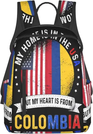 Colombian American Patriot Heart is From Colombia Flag Casual Backpacks Large Capacity Laptop Backpack Sports Fitness Rucksack Travel Carry-On Daypack Work Bag for Outdoor Camping