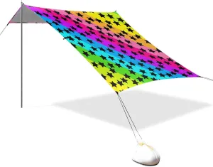 Colorful Strips Black Stars Designed UPF50  Stable Beach Tent Easy Setup Sun Shelter with Sandbags and Shovel for Camping, Fishing, Backyard Fun sombrilla para Playa
