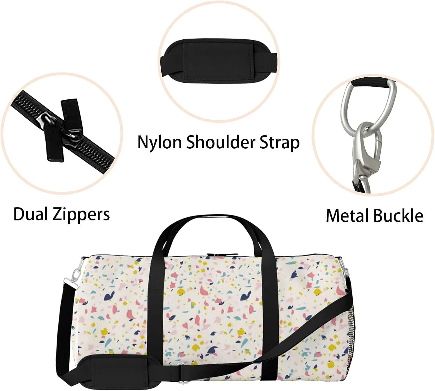 Colorful Terrazzo Sports Duffel Bag Travel Gym Tote Bags Lightweight Durable Shoulder Strap Waterproof Polyester Outside Mesh Pocket Overnight Trip Duffel Bag for Women Men