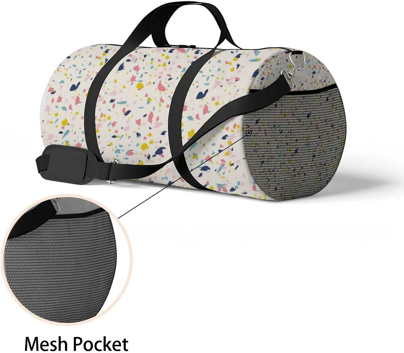 Colorful Terrazzo Sports Duffel Bag Travel Gym Tote Bags Lightweight Durable Shoulder Strap Waterproof Polyester Outside Mesh Pocket Overnight Trip Duffel Bag for Women Men