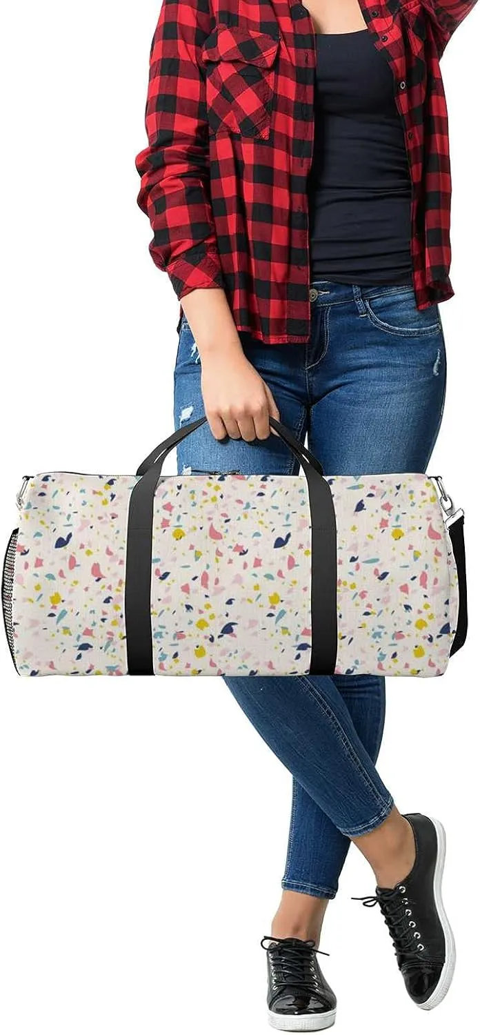Colorful Terrazzo Sports Duffel Bag Travel Gym Tote Bags Lightweight Durable Shoulder Strap Waterproof Polyester Outside Mesh Pocket Overnight Trip Duffel Bag for Women Men