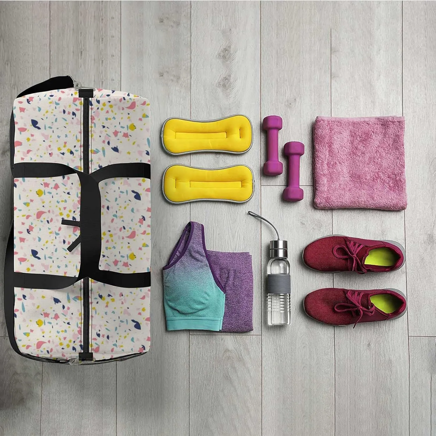 Colorful Terrazzo Sports Duffel Bag Travel Gym Tote Bags Lightweight Durable Shoulder Strap Waterproof Polyester Outside Mesh Pocket Overnight Trip Duffel Bag for Women Men