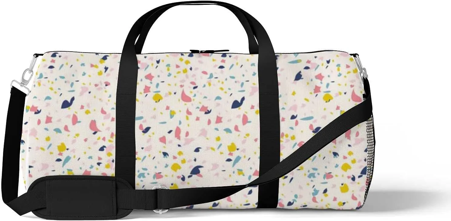 Colorful Terrazzo Sports Duffel Bag Travel Gym Tote Bags Lightweight Durable Shoulder Strap Waterproof Polyester Outside Mesh Pocket Overnight Trip Duffel Bag for Women Men