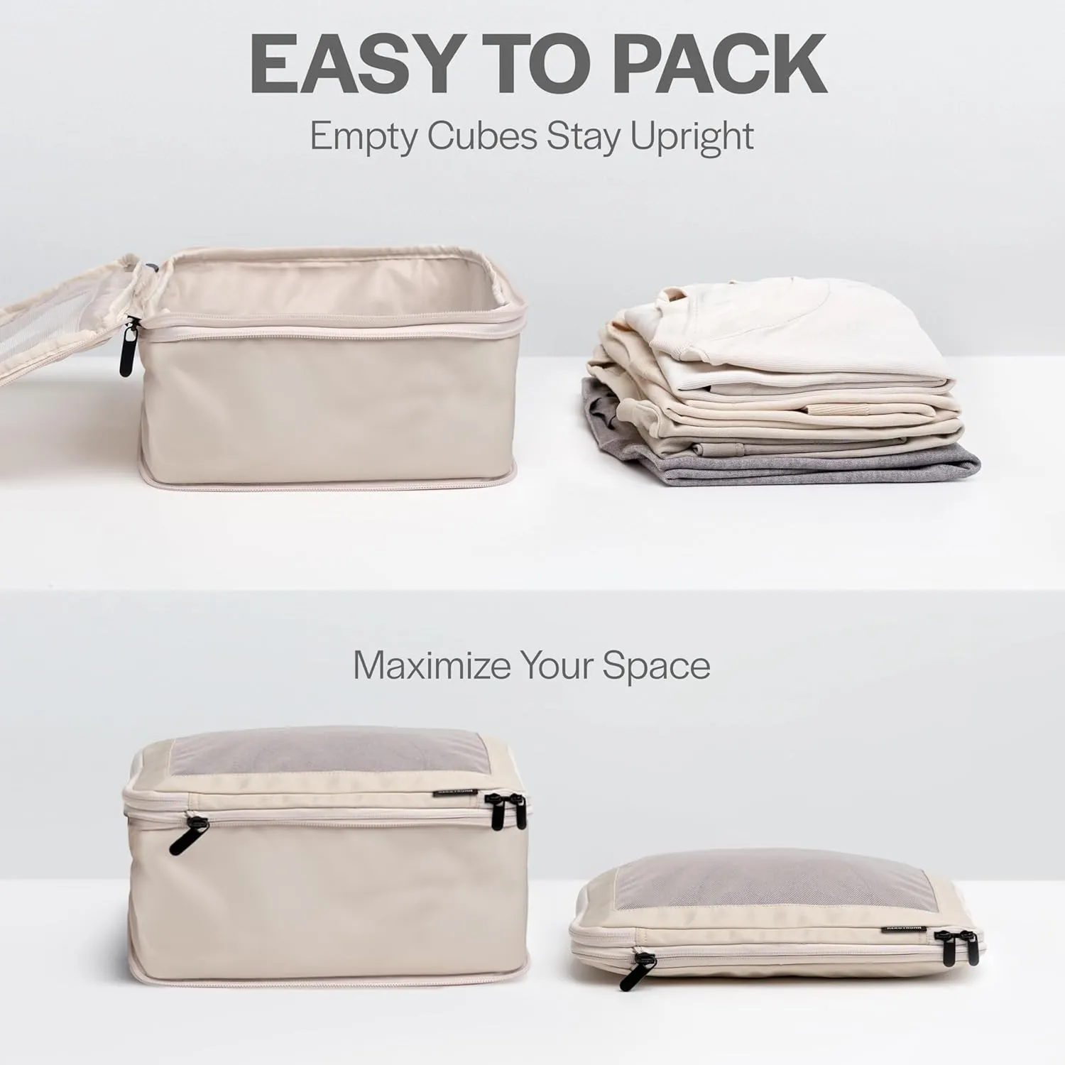 Compression Packing Cubes for Travel - Luggage Organizer Bags - Double Zipper Packing Cubes for Suitcases (4-Pack, Beige)