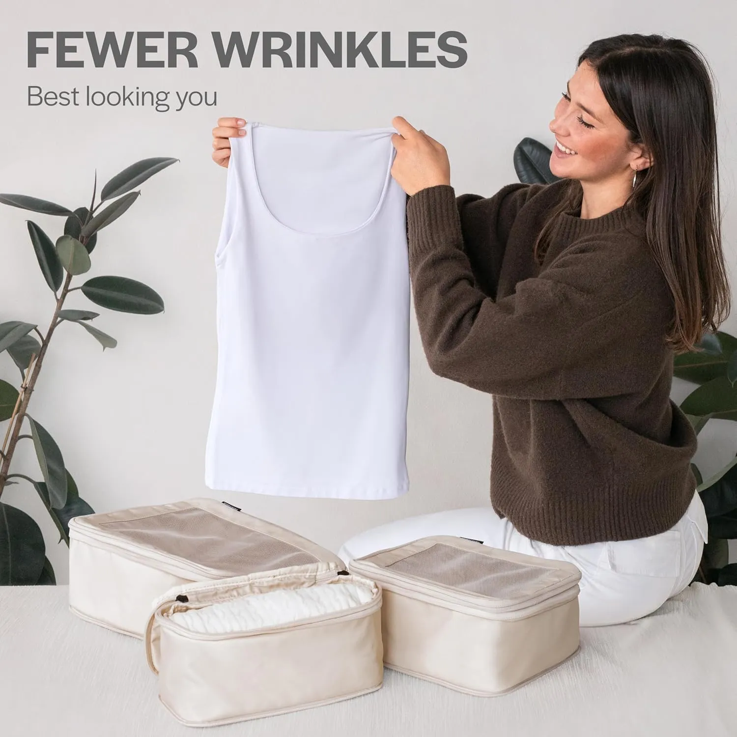 Compression Packing Cubes for Travel - Luggage Organizer Bags - Double Zipper Packing Cubes for Suitcases (4-Pack, Beige)