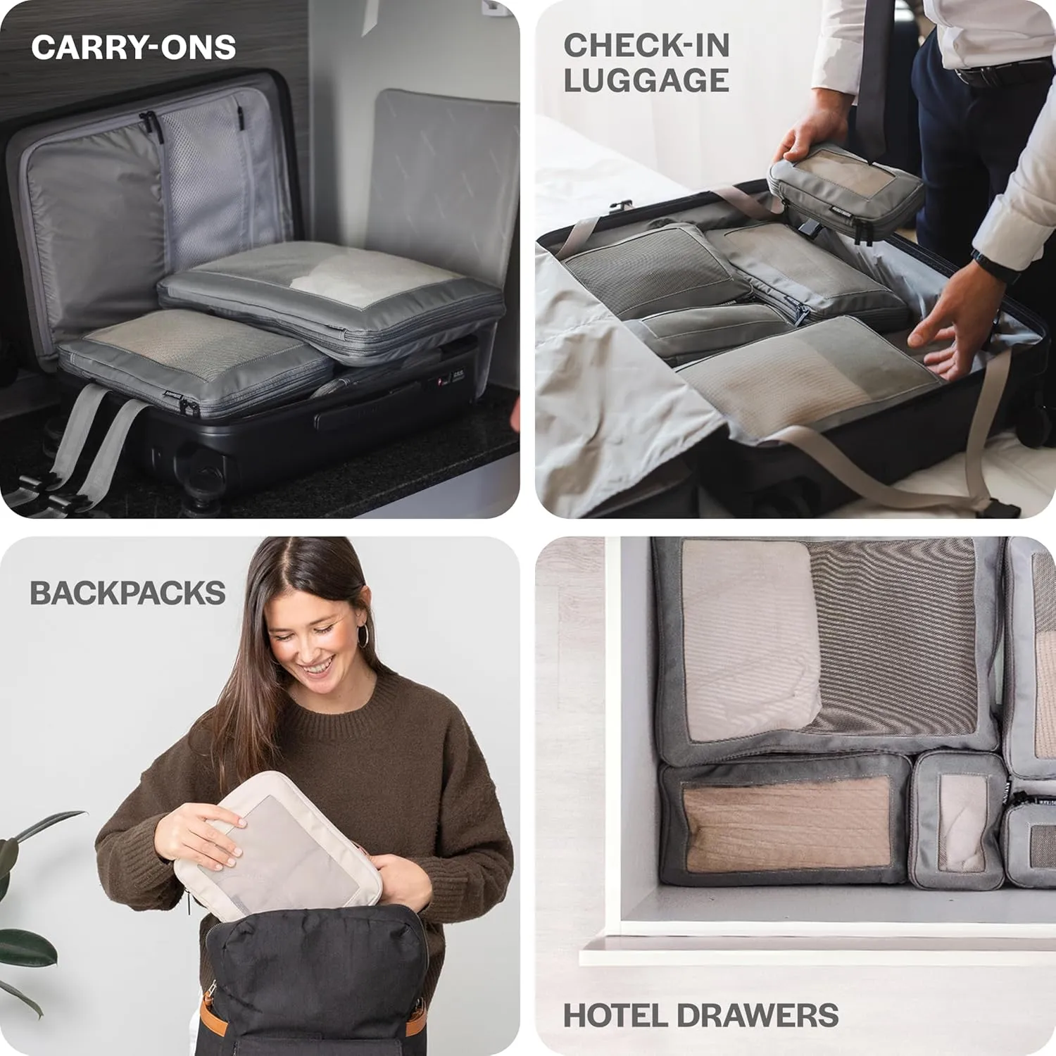 Compression Packing Cubes for Travel - Luggage Organizer Bags - Double Zipper Packing Cubes for Suitcases (4-Pack, Dark Grey)