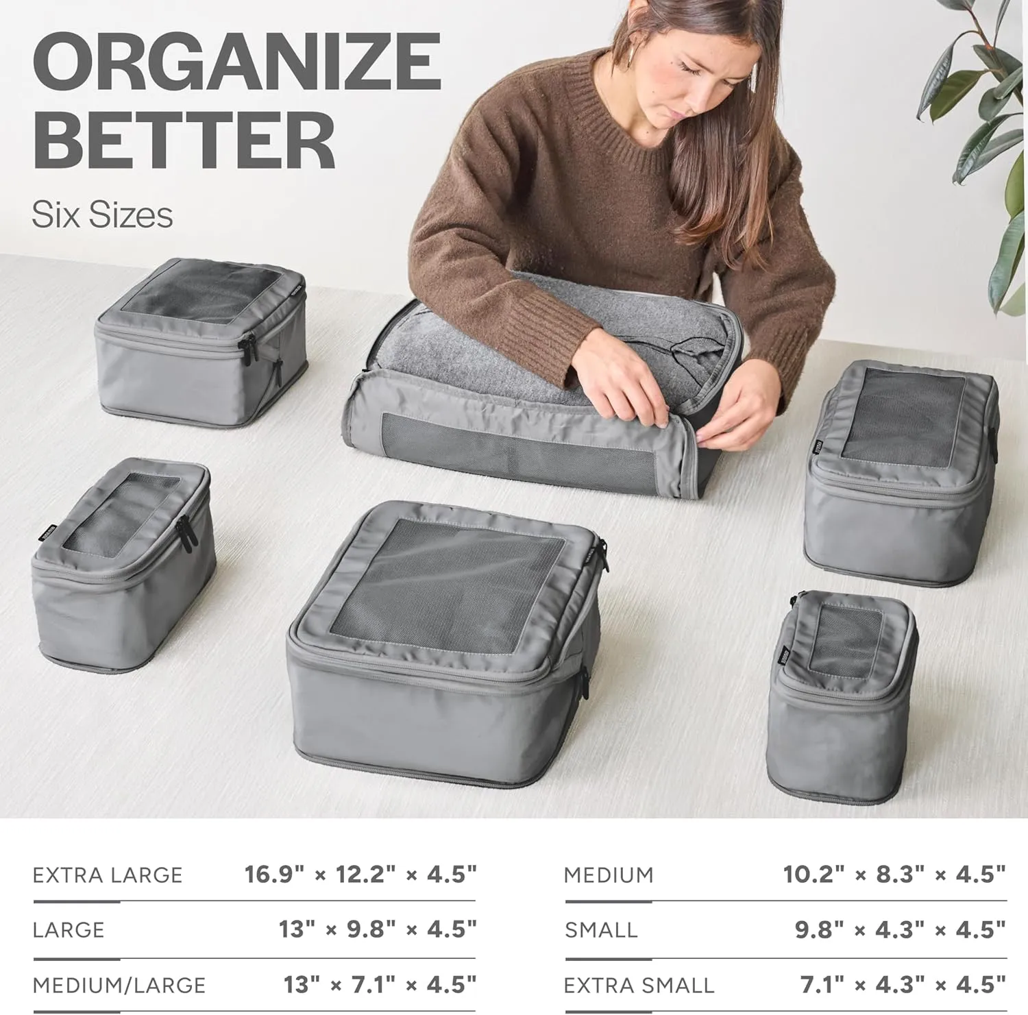 Compression Packing Cubes for Travel - Luggage Organizer Bags - Double Zipper Packing Cubes for Suitcases (6-Pack, Dark Grey)