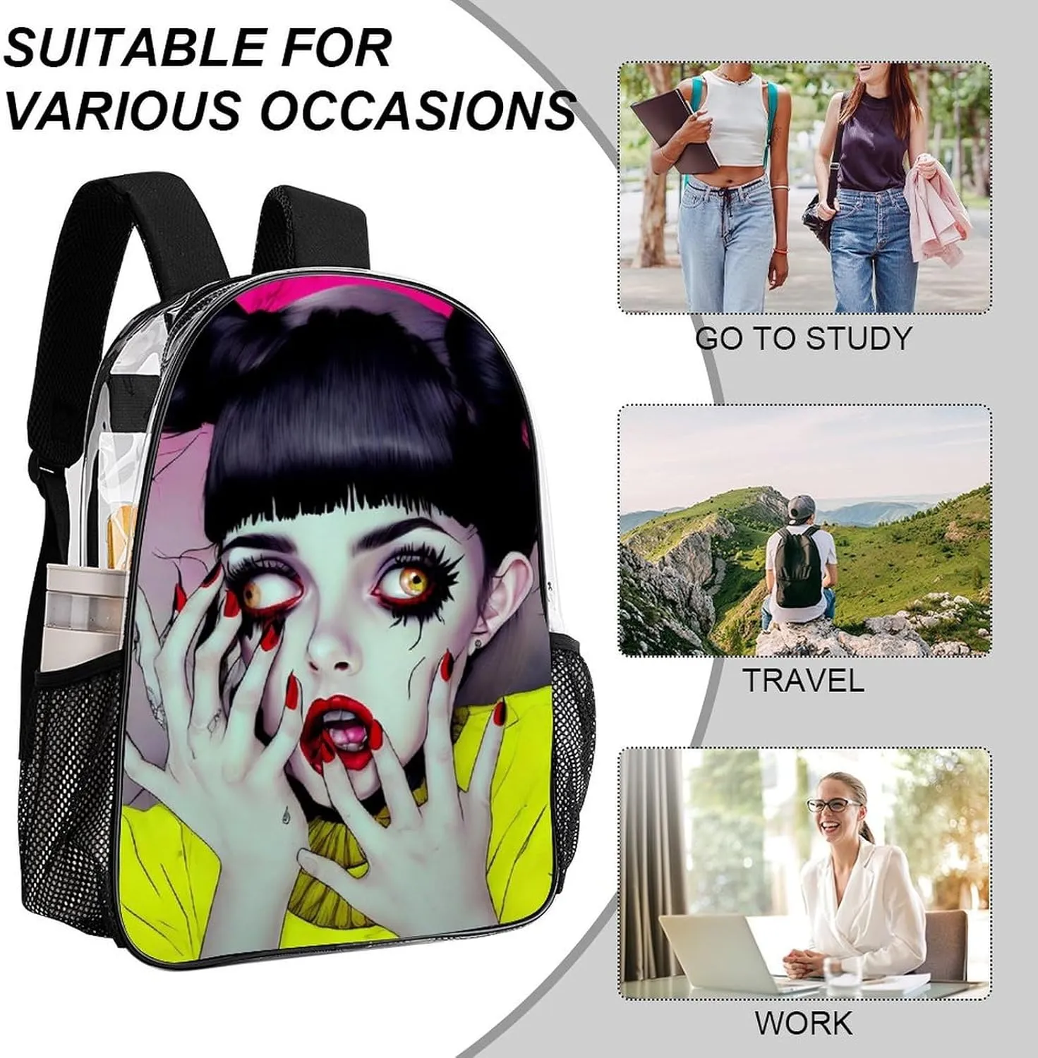 Cool Goth Gotik Gothic Women Women Art Rucksacks Transparent Anti-Theft Multipurpose Carry On Bag Large Capacity Gym Outdoor Hiking Backpack With Smooth Zippers
