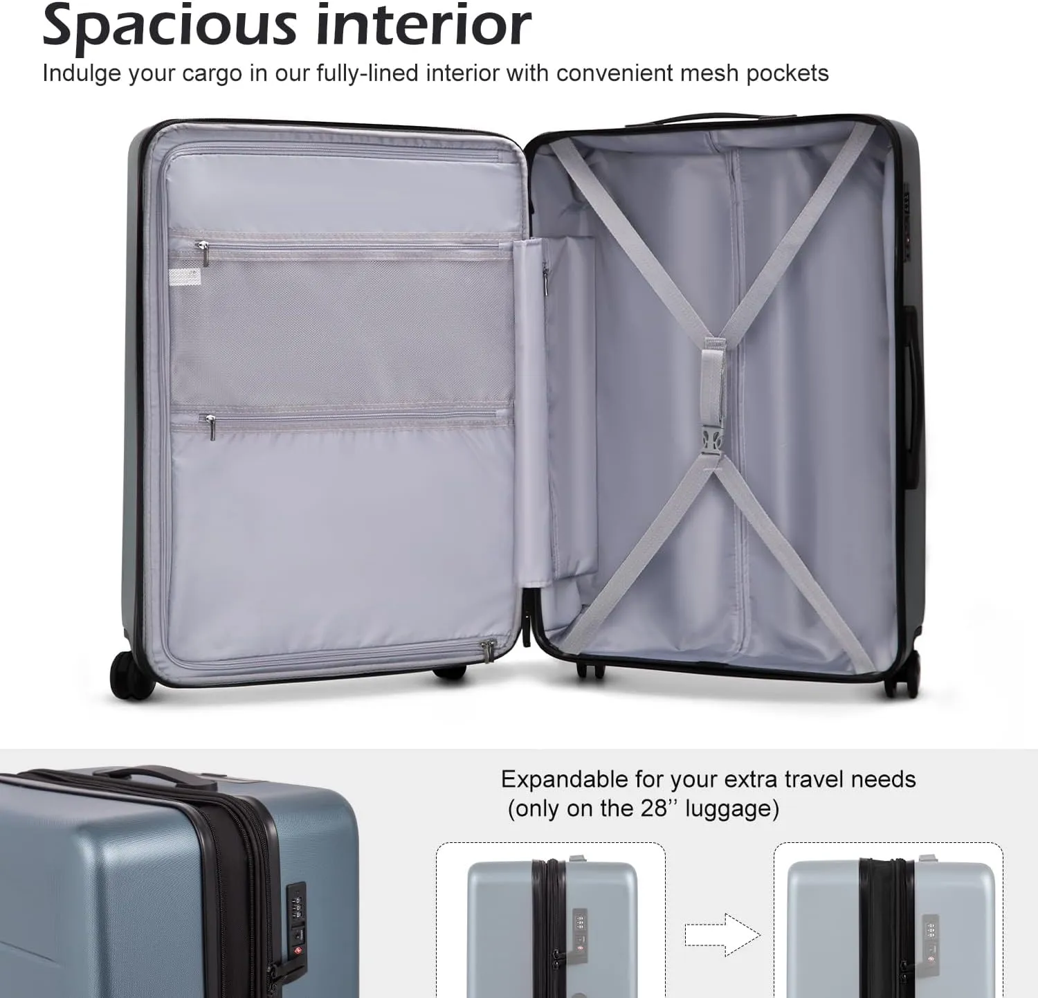 Coolife Luggage Suitcase Piece Carry On ABS PC Spinner Trolley with pocket Compartment(White, 20in(carry on))
