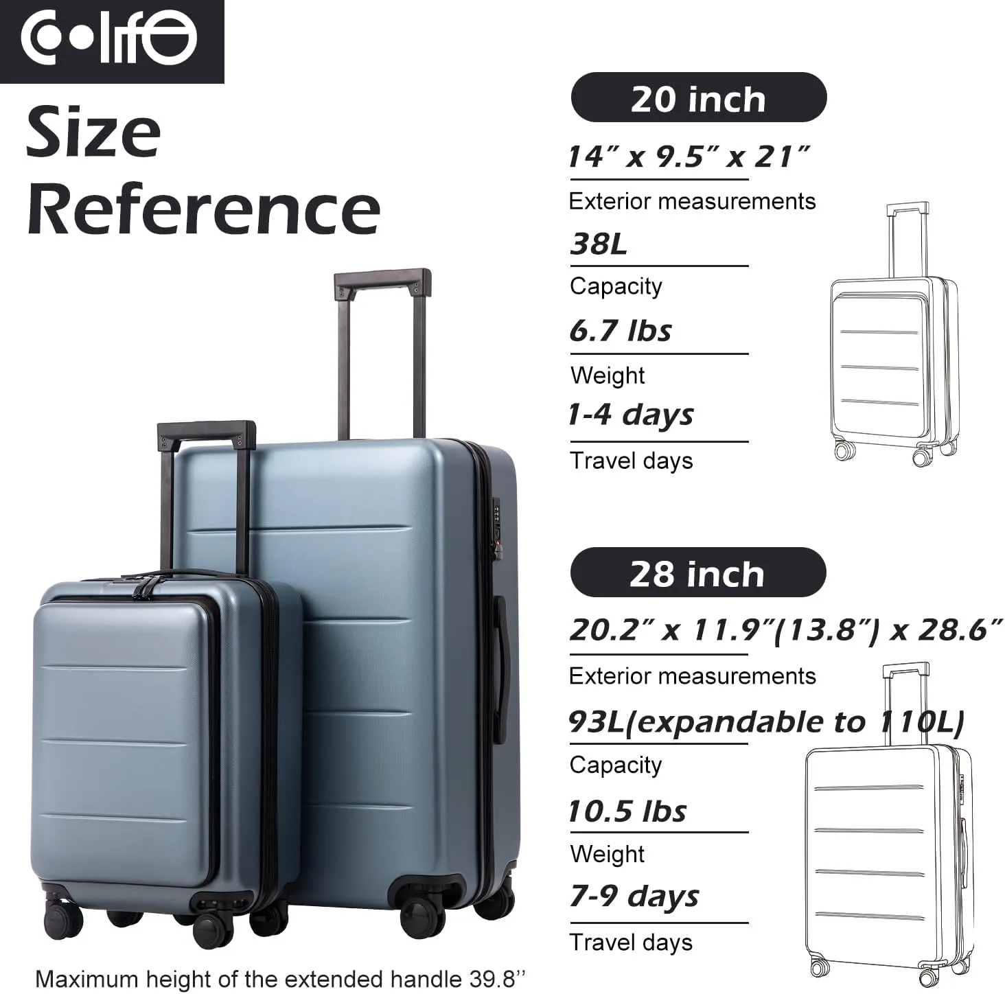 Coolife Luggage Suitcase Piece Carry On ABS PC Spinner Trolley with pocket Compartment(White, 20in(carry on))