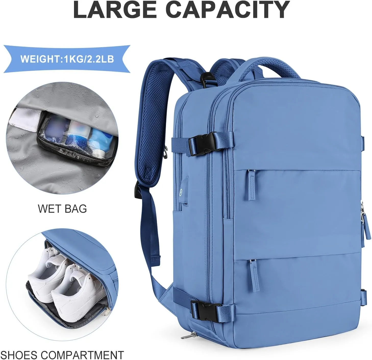 coowoz Large Travel Backpack for Women Men,Carry On Backpack,Hiking Backpack Outdoor Sports Rucksack Casual Daypack Travel Essentials Sky Blue