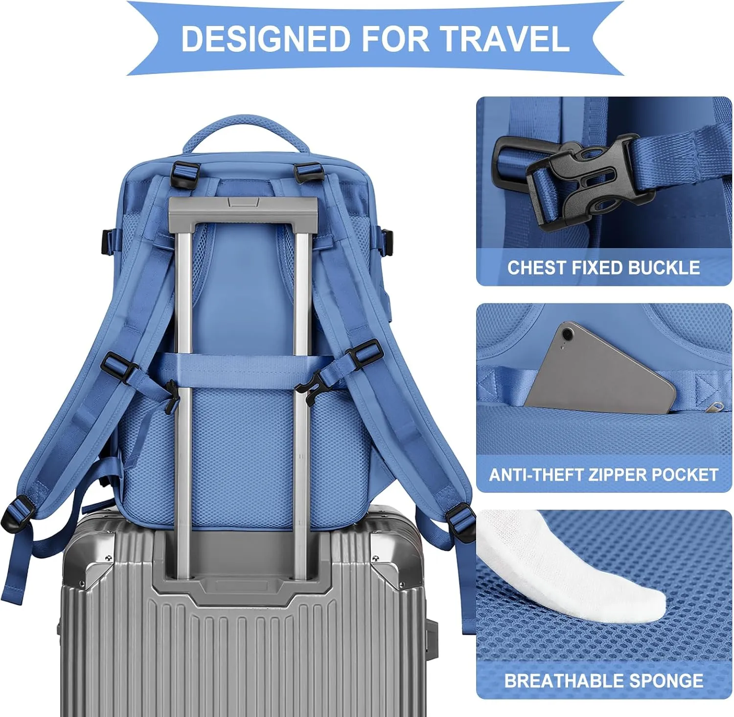 coowoz Large Travel Backpack for Women Men,Carry On Backpack,Hiking Backpack Outdoor Sports Rucksack Casual Daypack Travel Essentials Sky Blue