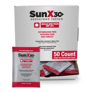 CoreTex Sun X 30  SPF Individual Sunscreen Packets Travel Size - Pack of 50 Paraben, Oxybenzone, & Oil Free Broad Spectrum Sunscreen - No White Cast and Water & Sweat Resistant Up to 80 Minutes