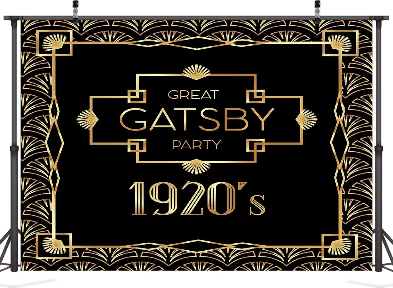 CORFOTO Fabric 7x5ft Great Gatsby Party Backdrop Luxury Geometric Retro 1920s Black and Gold Background Birthday Party Decoration Holiday Celebration Prom Banner Photo Booth Studio Props Wallpaper