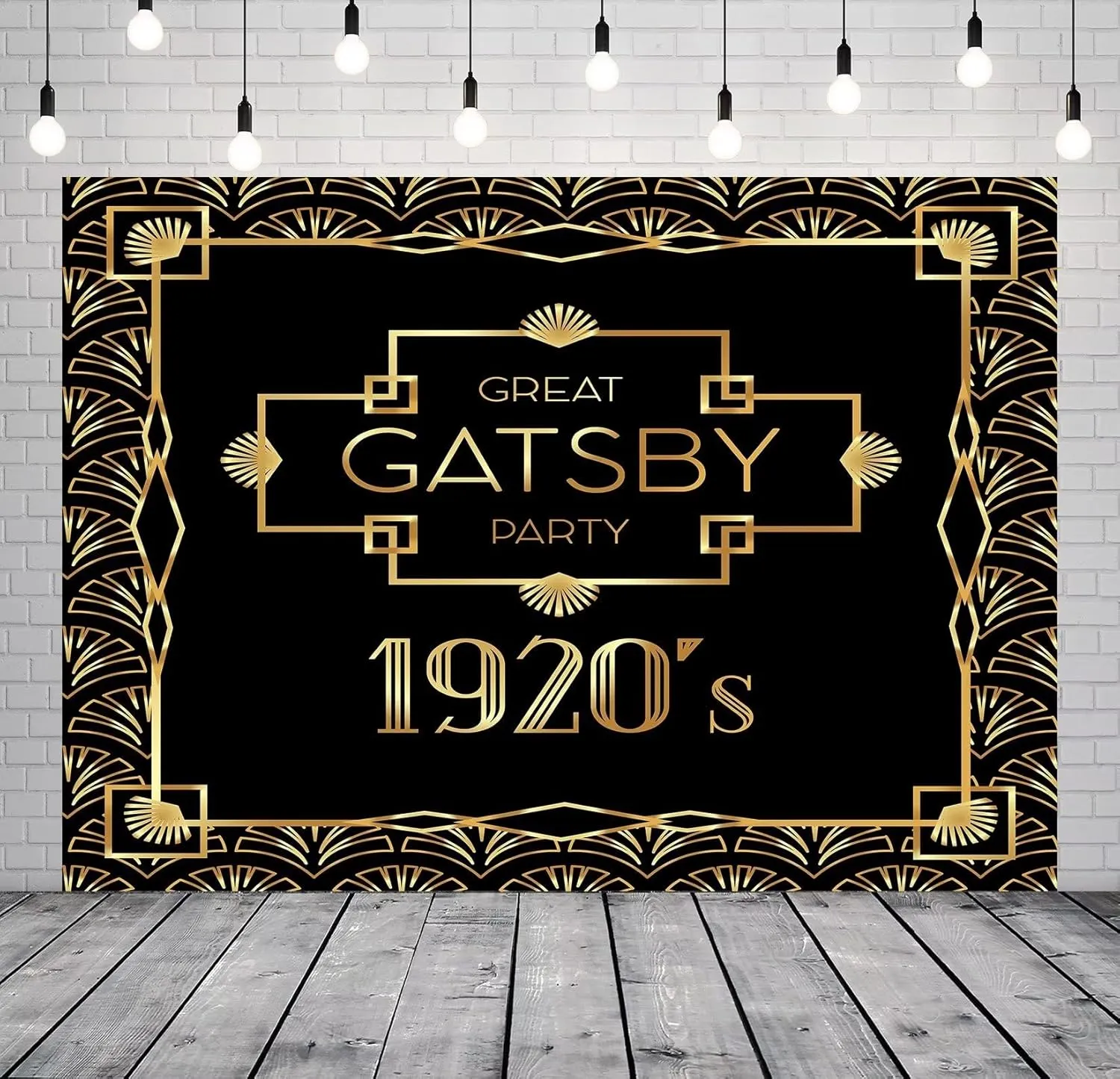 CORFOTO Fabric 7x5ft Great Gatsby Party Backdrop Luxury Geometric Retro 1920s Black and Gold Background Birthday Party Decoration Holiday Celebration Prom Banner Photo Booth Studio Props Wallpaper