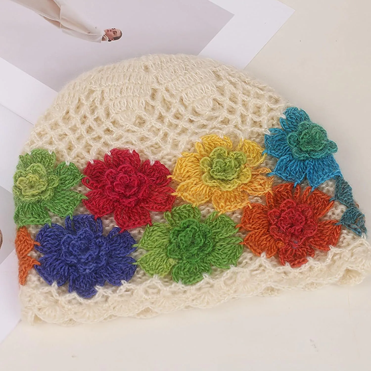 CORIRESHA Women's Boho Crochet Flower Beanie Handmade Cotton Hollow Out Y2k Summer Hat