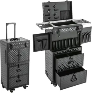 Cosmetology Case on Wheels, Rolling Makeup Train Case Nail Travel Case for Nail Tech, Professional Rolling Makeup Case with Drawers & 2 Mobile Password Lock, Black