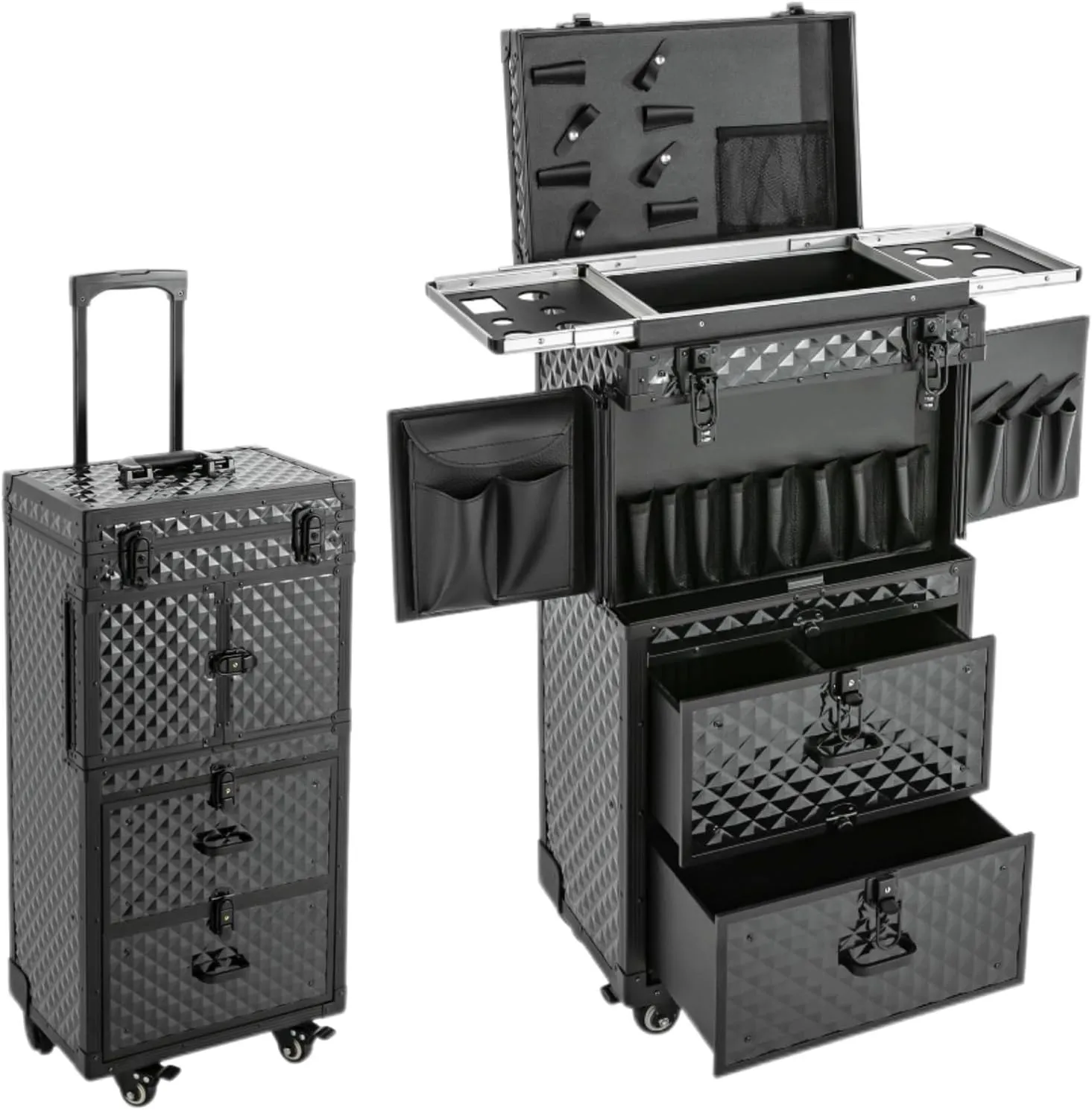 Cosmetology Case on Wheels, Rolling Makeup Train Case Nail Travel Case for Nail Tech, Professional Rolling Makeup Case with Drawers & 2 Mobile Password Lock, Black