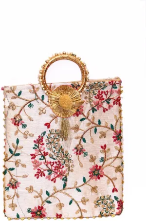 Cotton Potli Evening Bag for Women, Multicolor Rectangular Drawstring Handbag with Thread Embroidery, Handmade Wristlet Purse