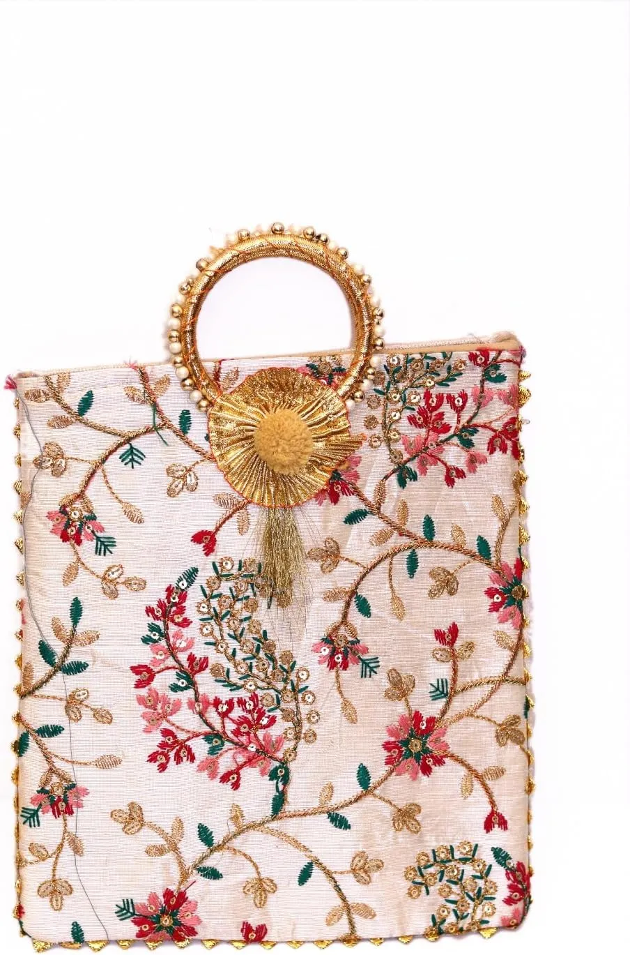 Cotton Potli Evening Bag for Women, Multicolor Rectangular Drawstring Handbag with Thread Embroidery, Handmade Wristlet Purse