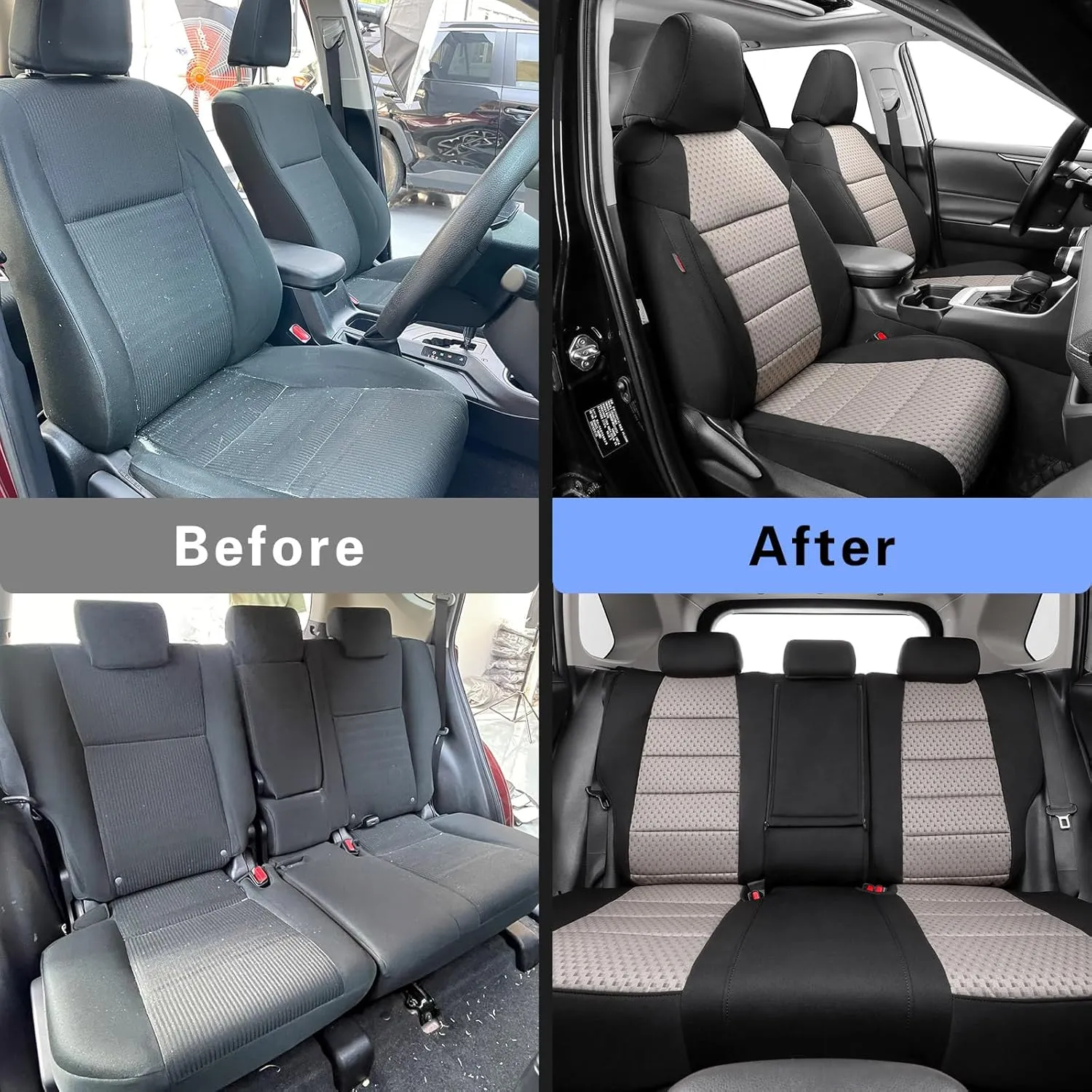 coverdream Rav4 Hybrid Seat Covers Custom Fit for 2019-2025 Toyota Rav4 Hybrid (Not for XSE/SE/Plug-in Hybrid),Full Coverage,Airbag Compatible,Polyester Car Seat Protector(Full Set,Black & Beige)