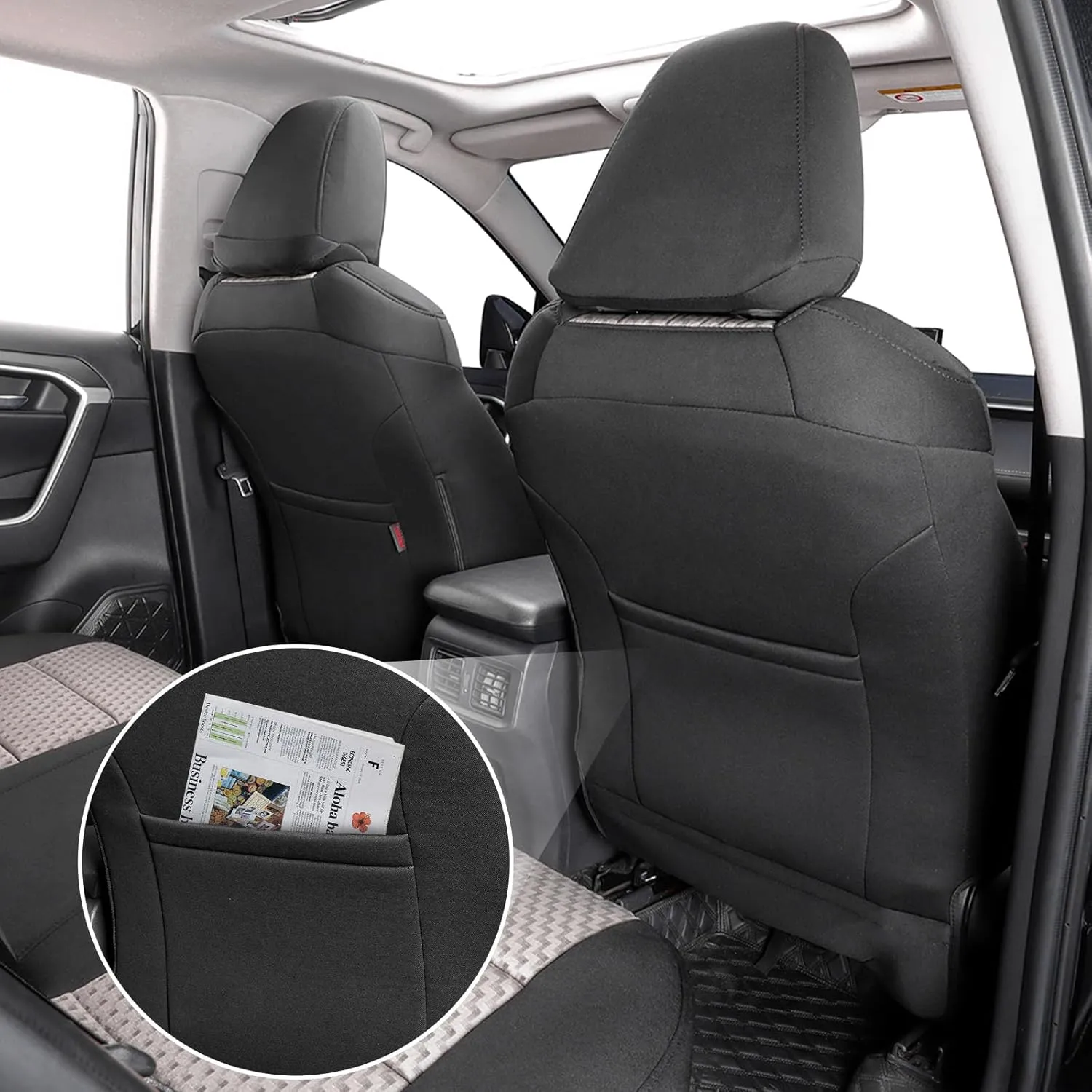 coverdream Rav4 Hybrid Seat Covers Custom Fit for 2019-2025 Toyota Rav4 Hybrid (Not for XSE/SE/Plug-in Hybrid),Full Coverage,Airbag Compatible,Polyester Car Seat Protector(Full Set,Black & Beige)