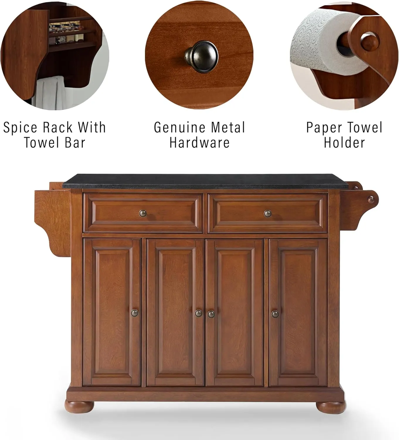 Crosley Furniture Alexandria Granite Top Rolling Kitchen Island Storage Cart, Microwave Stand, Spice Rack, Cherry