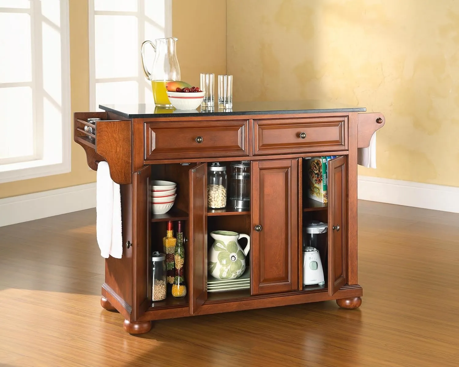 Crosley Furniture Alexandria Granite Top Rolling Kitchen Island Storage Cart, Microwave Stand, Spice Rack, Cherry