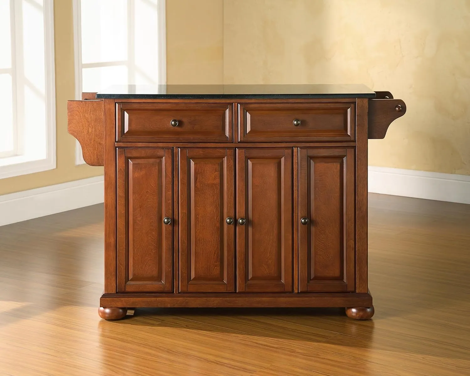 Crosley Furniture Alexandria Granite Top Rolling Kitchen Island Storage Cart, Microwave Stand, Spice Rack, Cherry