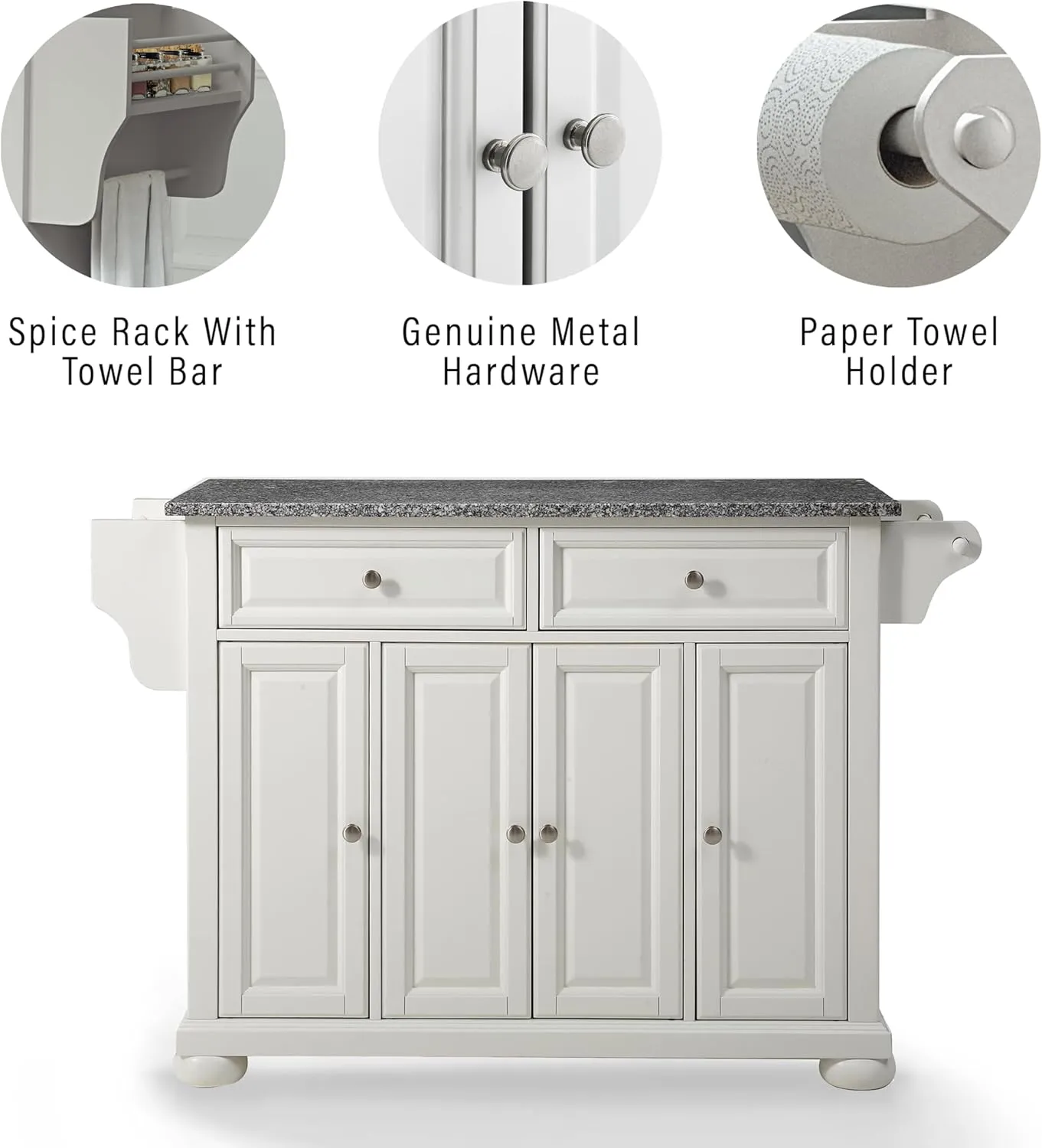 Crosley Furniture Alexandria Granite Top Rolling Kitchen Island Storage Cart, Microwave Stand, Spice Rack, White