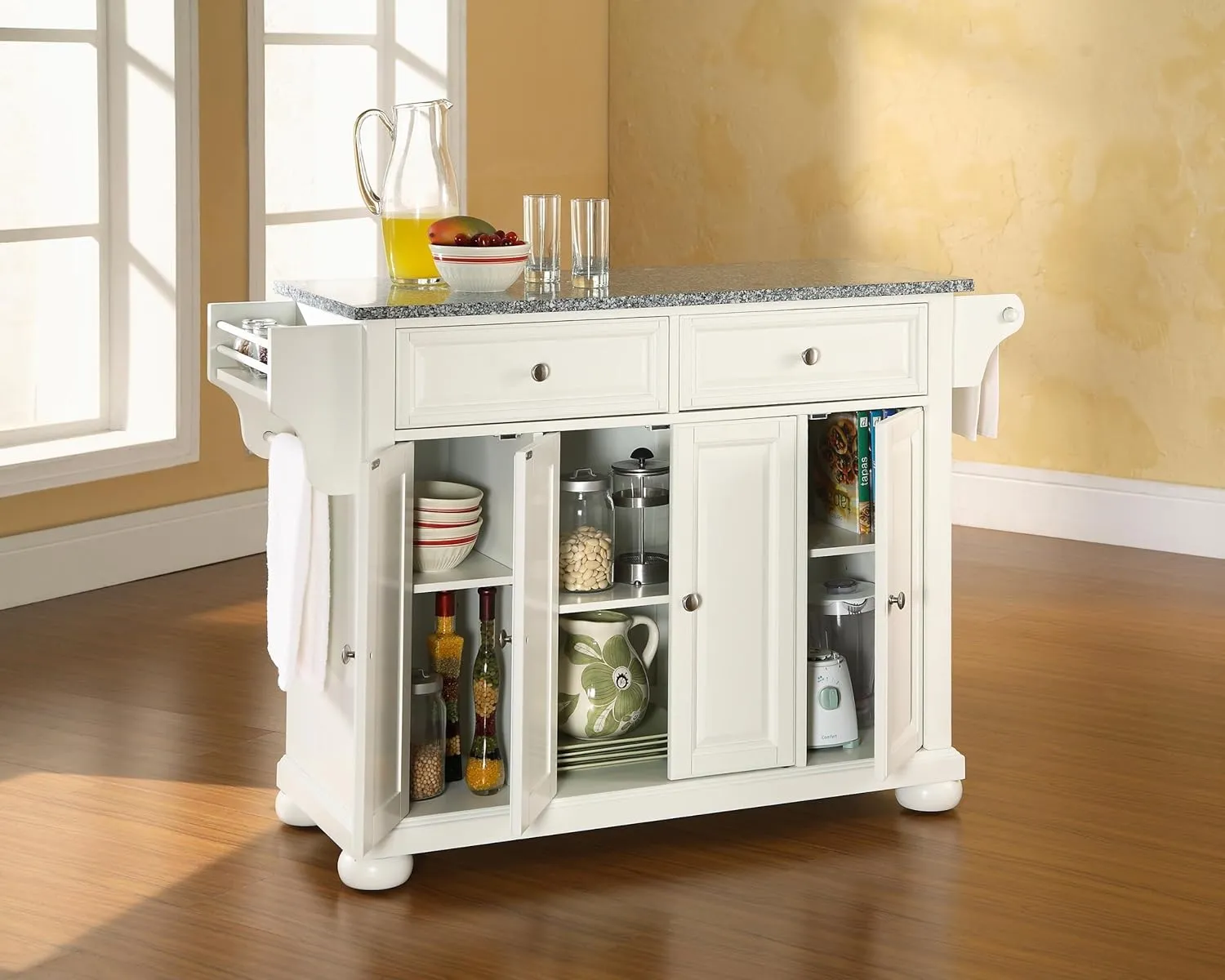 Crosley Furniture Alexandria Granite Top Rolling Kitchen Island Storage Cart, Microwave Stand, Spice Rack, White