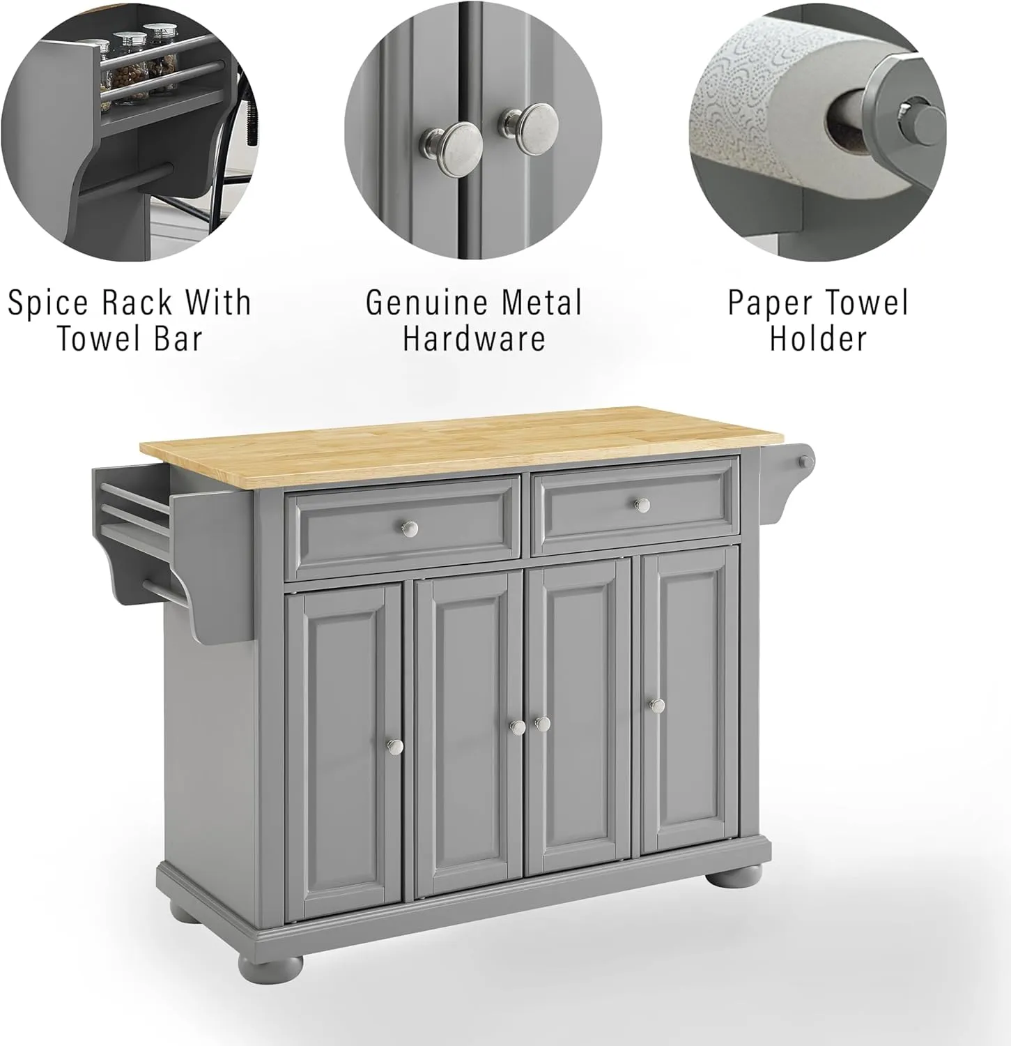 Crosley Furniture Alexandria Wood Top Rolling Kitchen Island Storage Cart, Microwave Stand, Spice Rack, Gray