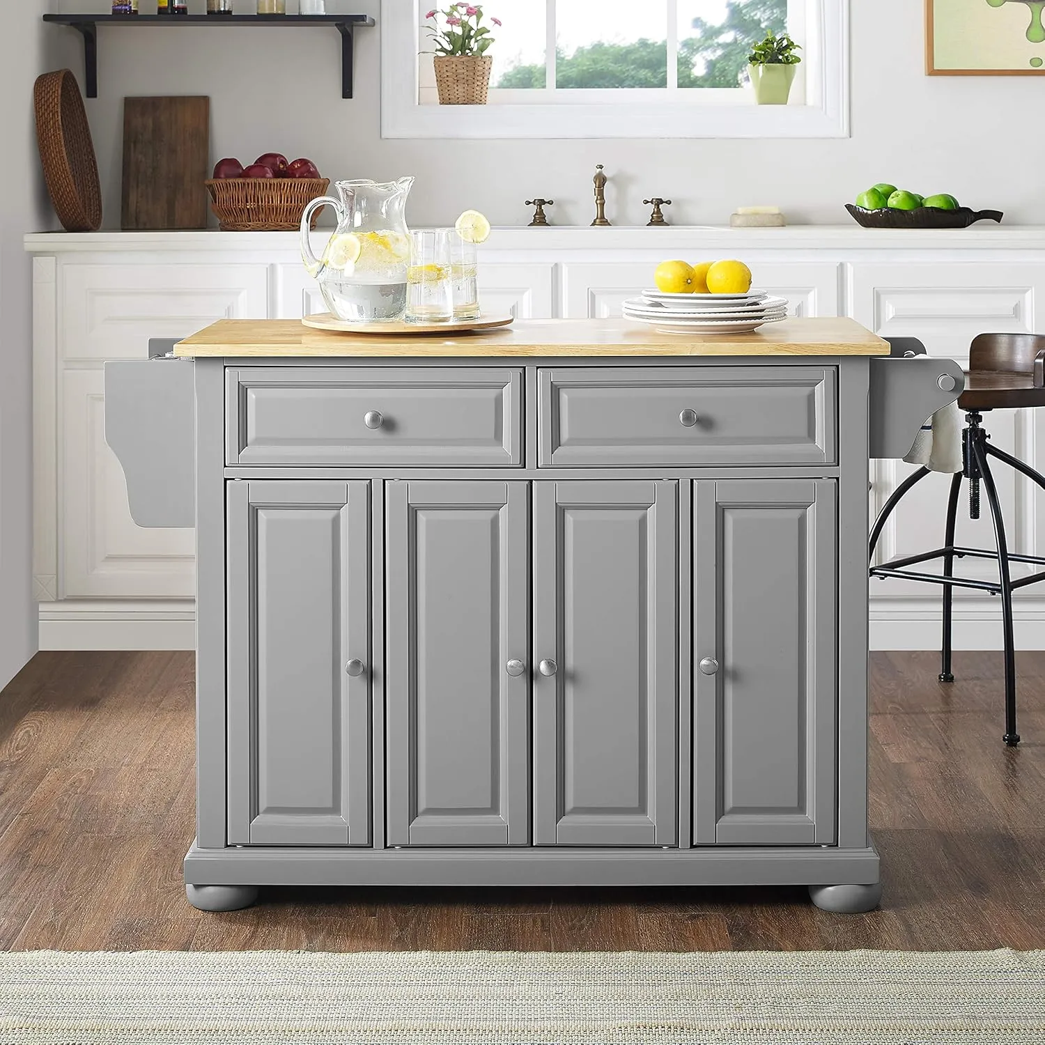 Crosley Furniture Alexandria Wood Top Rolling Kitchen Island Storage Cart, Microwave Stand, Spice Rack, Gray