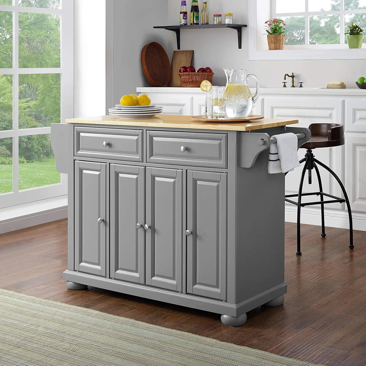 Crosley Furniture Alexandria Wood Top Rolling Kitchen Island Storage Cart, Microwave Stand, Spice Rack, Gray