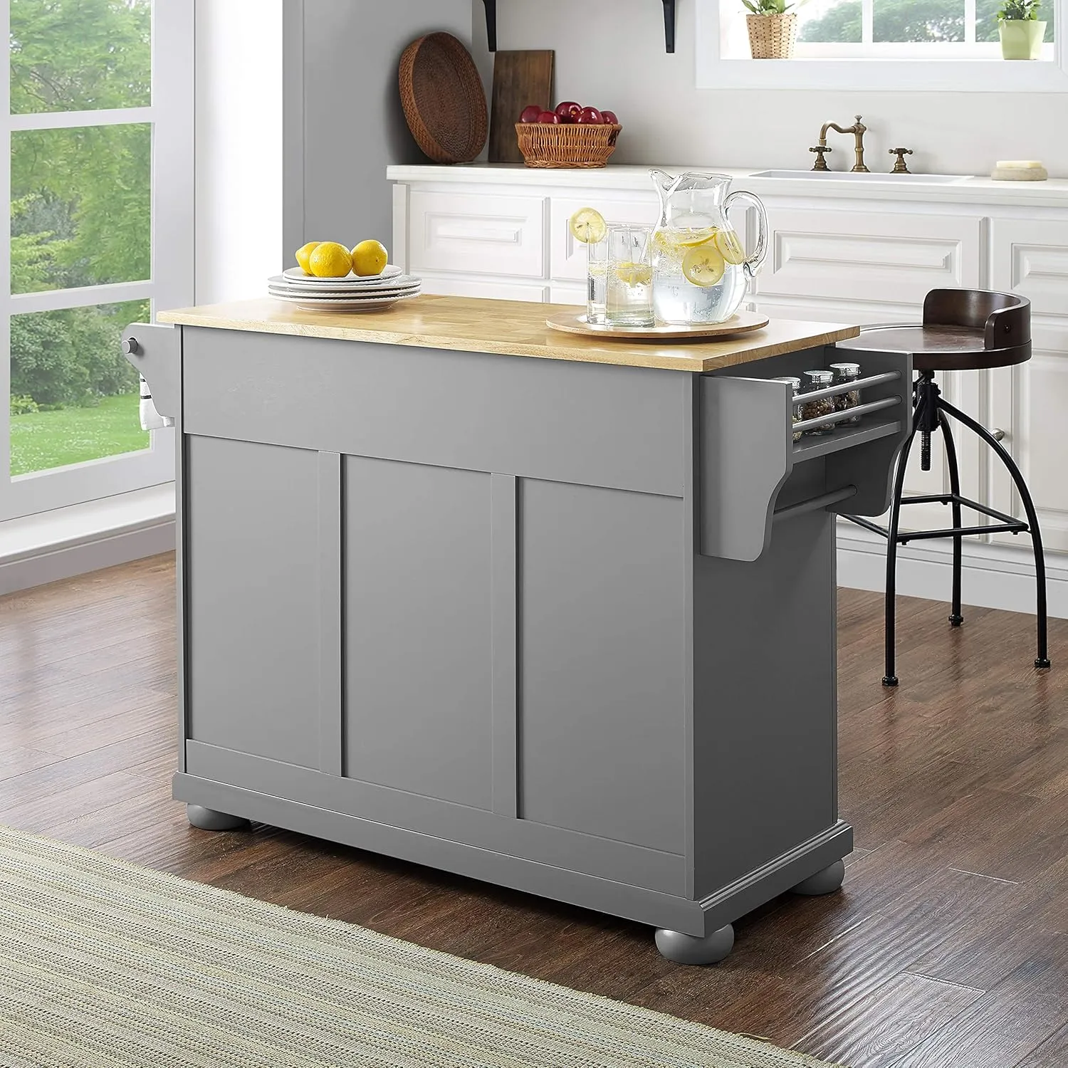 Crosley Furniture Alexandria Wood Top Rolling Kitchen Island Storage Cart, Microwave Stand, Spice Rack, Gray