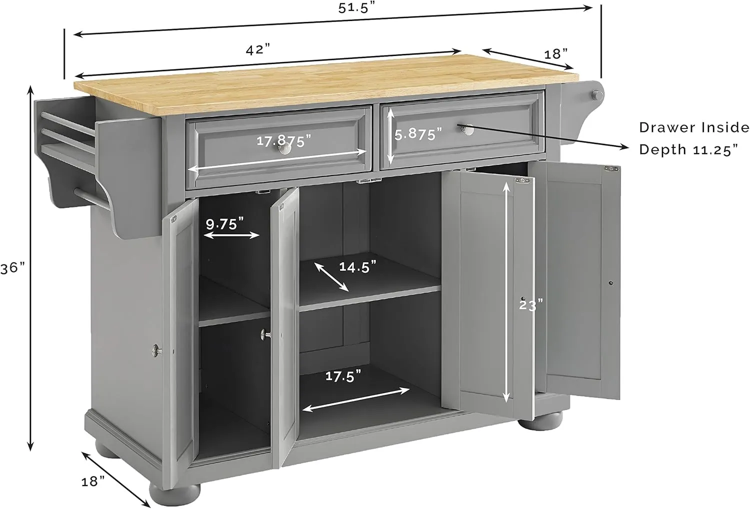 Crosley Furniture Alexandria Wood Top Rolling Kitchen Island Storage Cart, Microwave Stand, Spice Rack, Gray