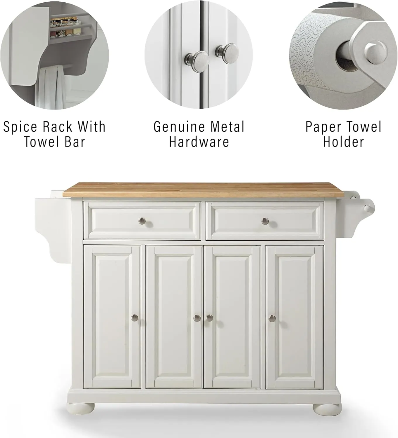 Crosley Furniture Alexandria Wood Top Rolling Kitchen Island Storage Cart, Microwave Stand, Spice Rack, White