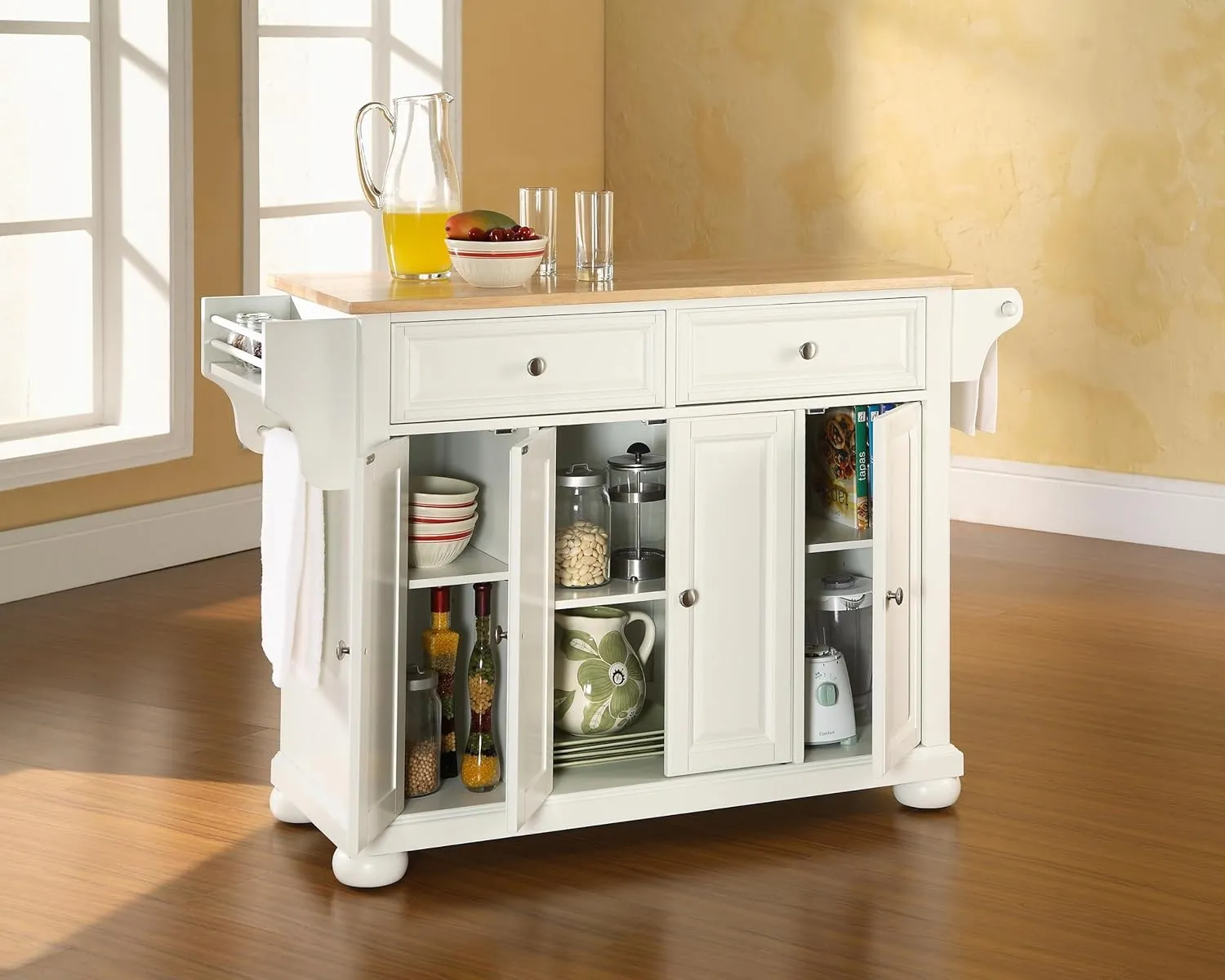 Crosley Furniture Alexandria Wood Top Rolling Kitchen Island Storage Cart, Microwave Stand, Spice Rack, White