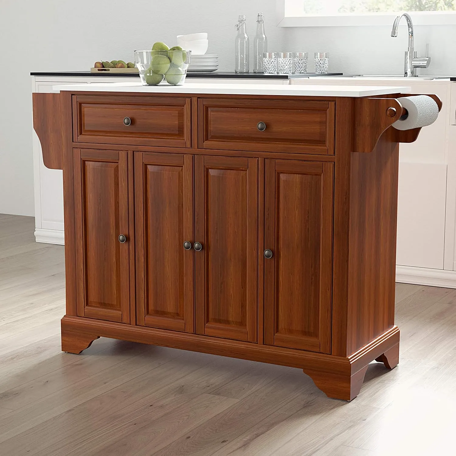 Crosley Furniture Lafayette Stone Top Rolling Kitchen Island Storage Cart, Microwave Stand, Spice Rack, Cherry