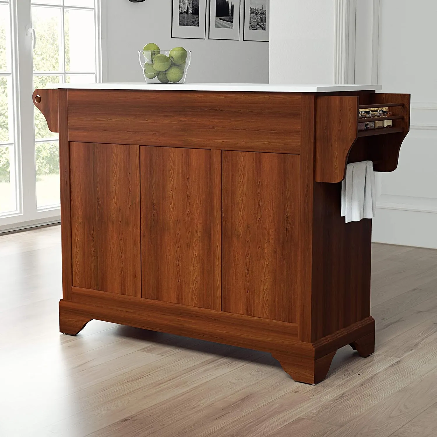 Crosley Furniture Lafayette Stone Top Rolling Kitchen Island Storage Cart, Microwave Stand, Spice Rack, Cherry
