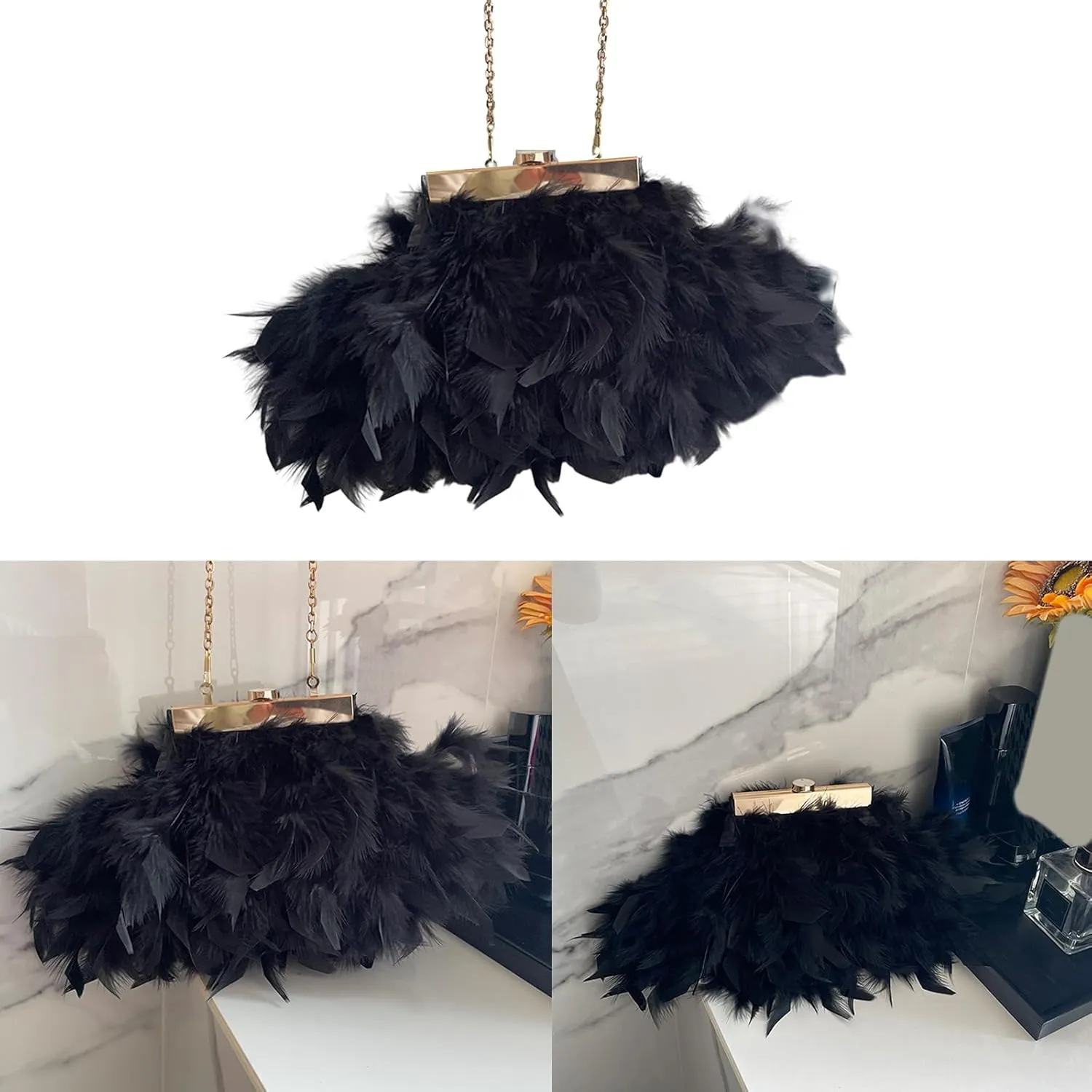 Crossbody Bag Plush Feather Clutch Purse Evening Bag Wedding Bag Handbag Purse Detachable Chain Shoulder Bag