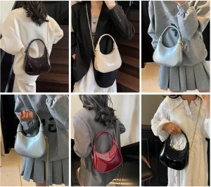 Crossbody Crescent Bag For Women,Trendy Cute Shoulder Bag with Glossy Finish & Chain Strap for Shopping and Dating
