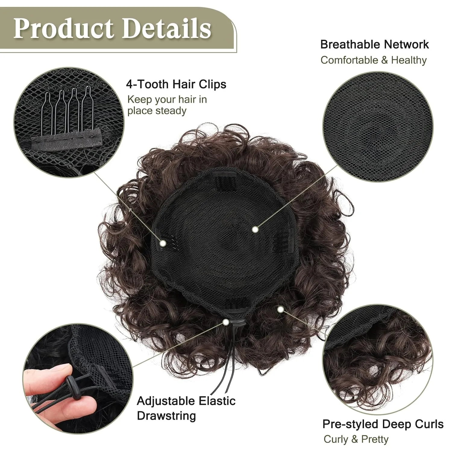 Curly Hair Bun Brown Hair Accessories Faux Bun Clip in Ponytail Hair Extensions for Black Women Large Curly Hair Buns Hair Piece Synthetic Messy Bun Hair Pieces for Women Updos (4#)