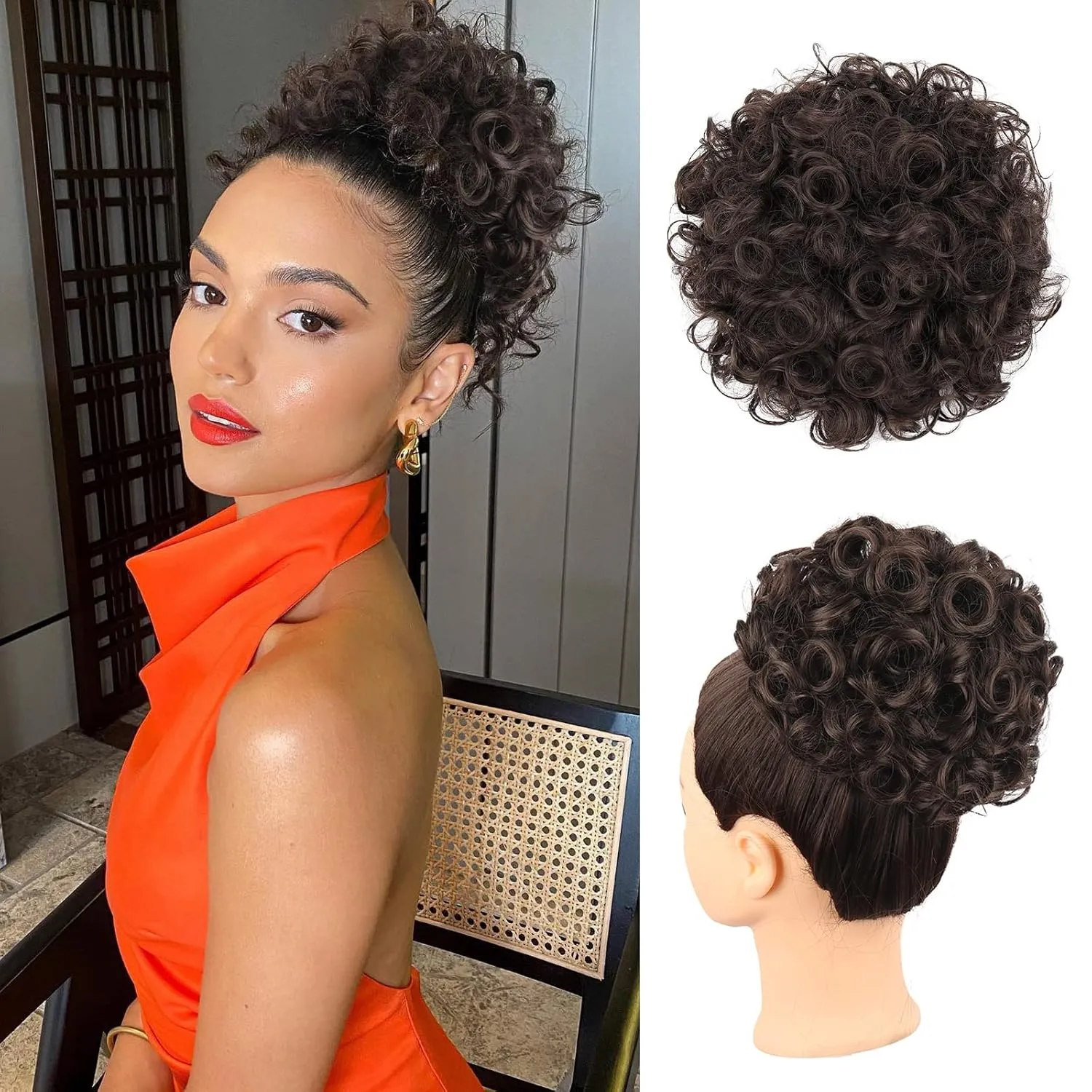 Curly Hair Bun Brown Hair Accessories Faux Bun Clip in Ponytail Hair Extensions for Black Women Large Curly Hair Buns Hair Piece Synthetic Messy Bun Hair Pieces for Women Updos (4#)